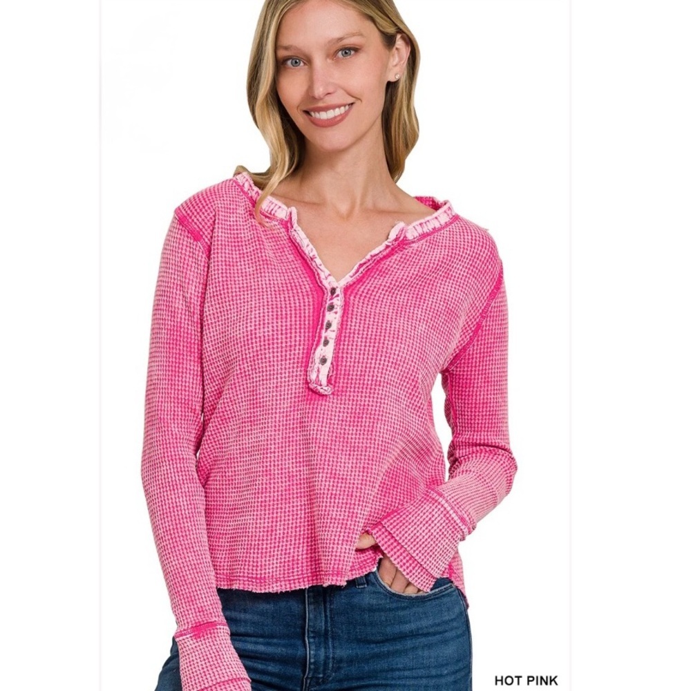 ZENANA Size Small Hot Pink Washed Thermal Henley Raw Seams Long Sleeve Top